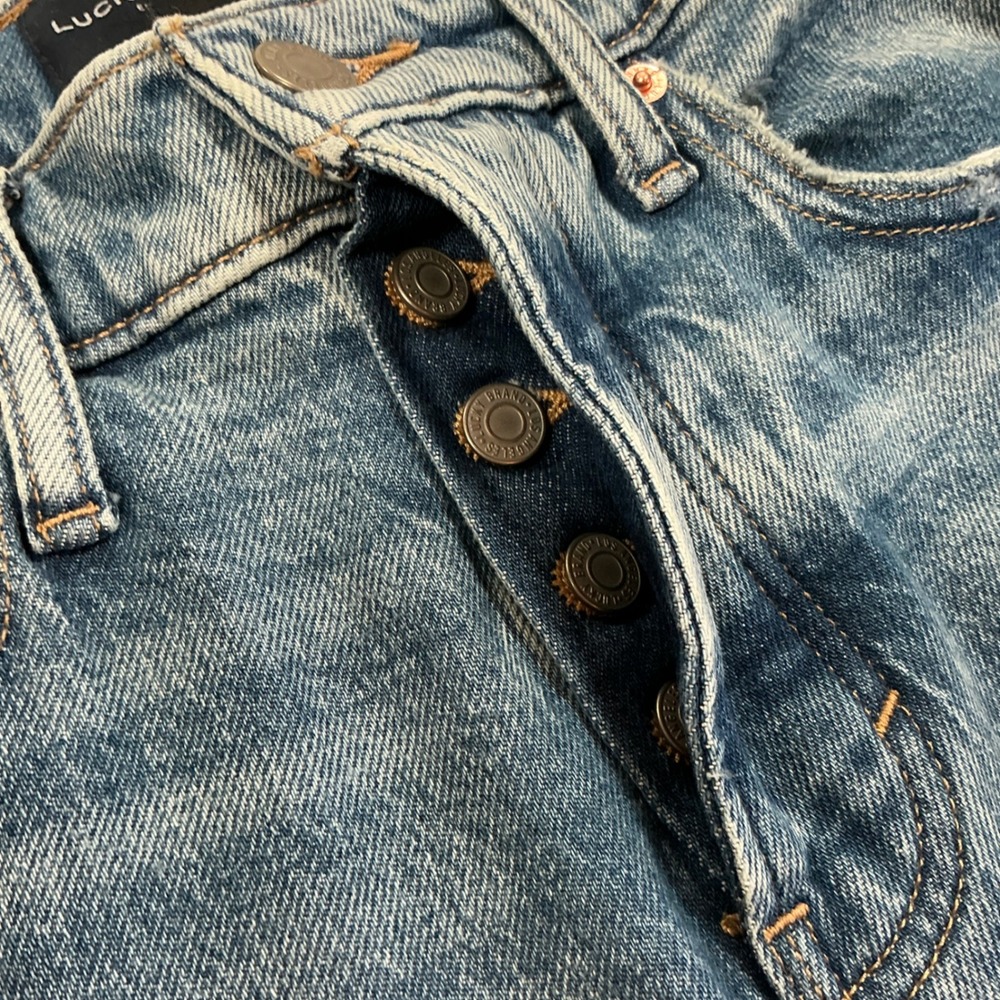 Lucky Brand High Rise Straight Leg Jeans Blue Button Fly Released Hem 0/25 - Picture 6 of 9